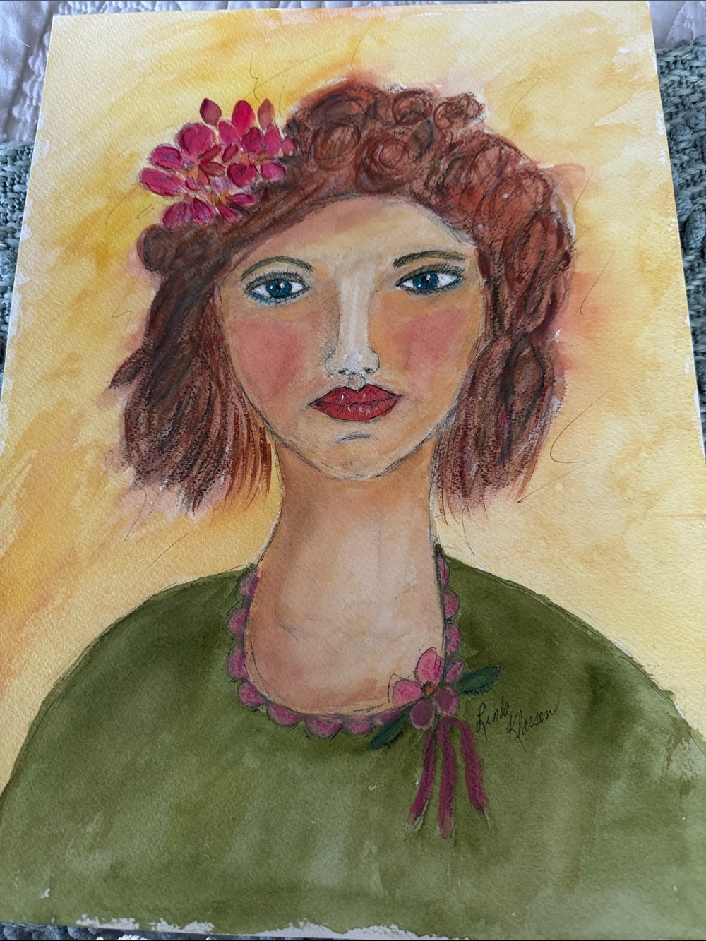 Original art watercolour, beautiful woman in green - Picture 2 of 4